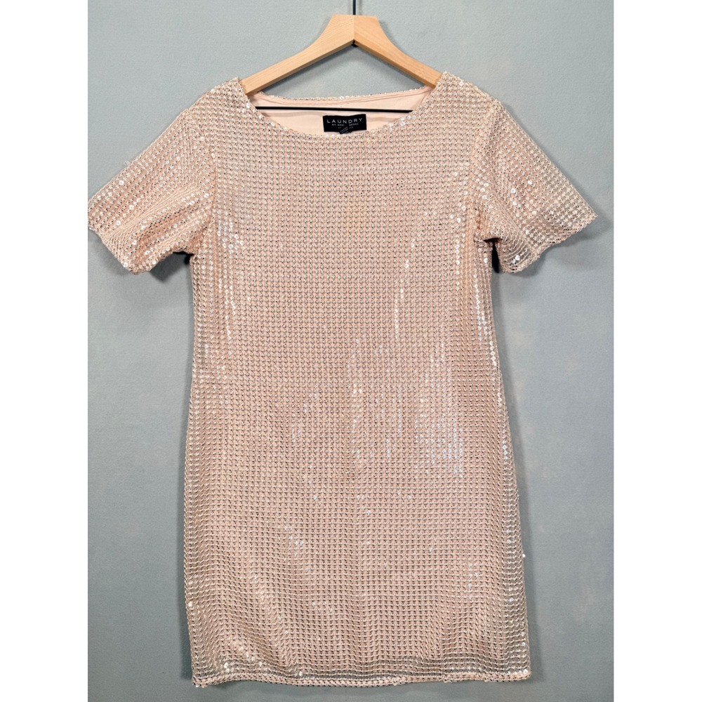 Laundry by Shelli Segal Sequin Party Mesh Shift Dress Blush Pink Short Sleeve 4